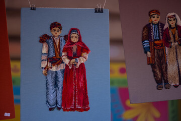 Handmade souvenir of Kazakhstan ethnic culture at fair.