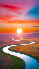 Colorful sunset sky with winding river glowing in vibrant landscape view