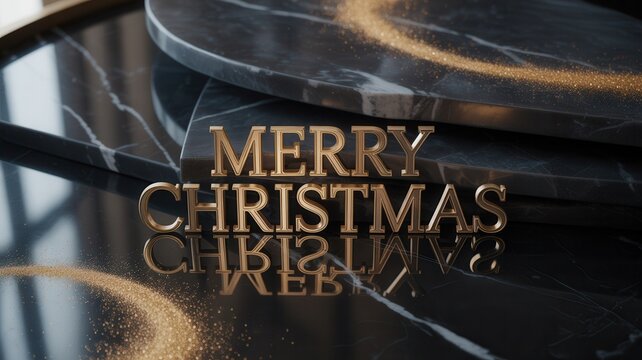 Elegant 3d merry christmas text with glowing golden light trails abstract background