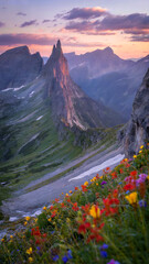 Wildflower meadow leading to dramatic mountain peaks under pink sky