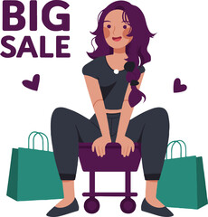Woman sitting on a shopping cart with shopping bags and big sale text on a light green background