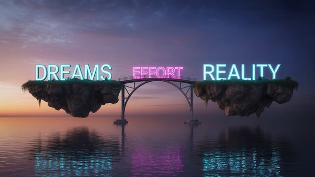 Dream bridge connects floating islands with neon text making dreams reality