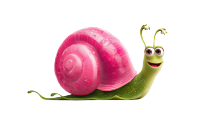 Cute cartoon snail character with pink spiral shell and smiling green body isolated on white background