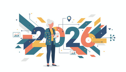 Business planning for 2026 Woman analyzes data projections in geometric vector style
