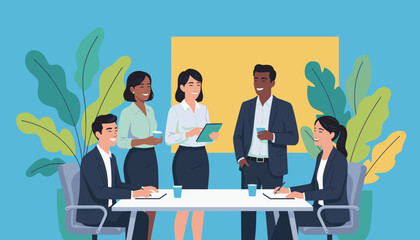 Diverse business team collaborates happily during a meeting in a vibrant modern office environment