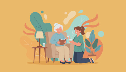 Caregiver assists senior woman with medication and support at home