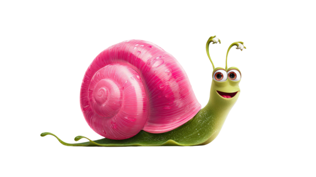 Cute cartoon snail character with pink spiral shell and smiling green body isolated on white background
