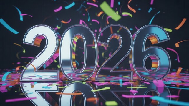 Shiny new year 2023 numerals sparkle with confetti celebration reflecting light