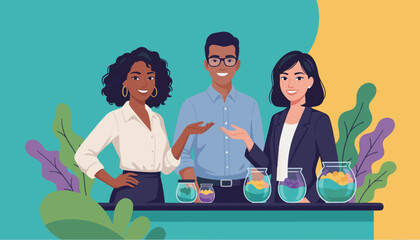 Diverse business professionals presenting various options for choice or saving