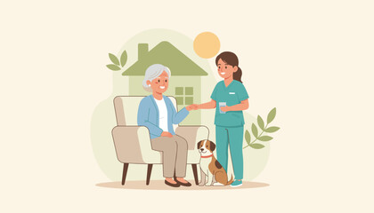 Nurse helping smiling senior woman at home Compassionate longterm care and elderly assistance