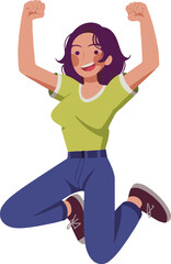 Illustrated woman jumping with joy in a green shirt and blue jeans against a green circle backdrop
