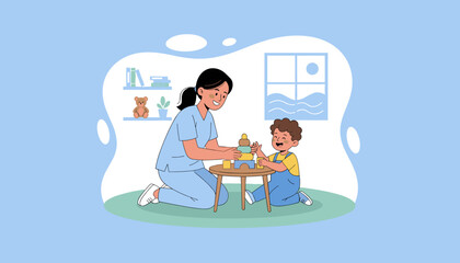 Caregiver and happy boy building blocks promoting learning development and childcare