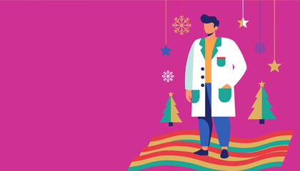 Medical professional in lab coat with Christmas holiday decorations Copy space