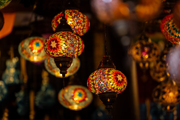 Turkey. Market with many traditional colorful handmade turkish lamps and lanterns. Lanterns hanging in shop for sale. Popular souvenirs from turkey.