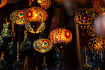 Turkey. Market with many traditional colorful handmade turkish lamps and lanterns. Lanterns hanging in shop for sale. Popular souvenirs from turkey.