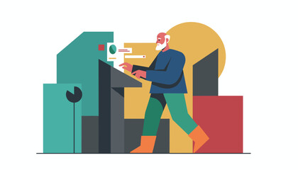 Senior man interacting with data visualization on a modern interface Digital transformation concept