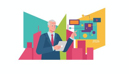 Senior leader reviewing digital strategy and future trends 2026 using tablet in a corporate setting