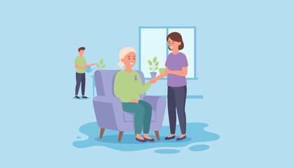 Family caring for cancer patient at home Support recovery empathy and health awareness illustration
