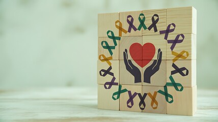 Hands hold heart surrounded by awareness ribbons on wooden blocks