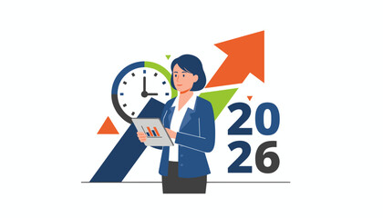 Corporate woman analyzing data for 2026 financial planning time management and achieving growth