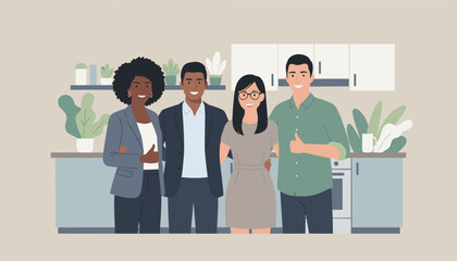 Smiling diverse business team in office kitchen showing teamwork and success
