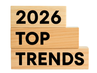 Wooden blocks stacked showing the words top trends and the year 2026