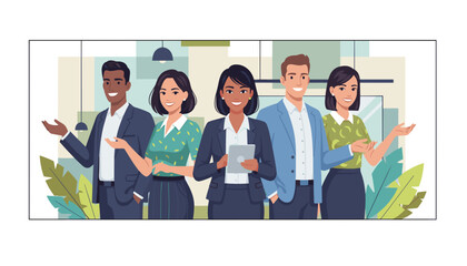 Diverse team of business professionals smiling gesturing and welcoming in a modern office
