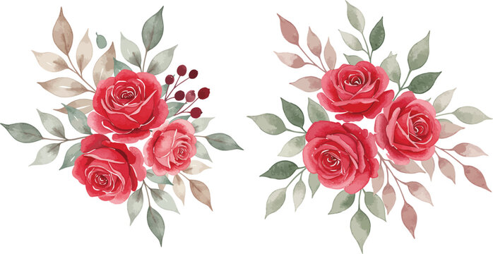 Elegant red roses floral arrangement watercolor painting