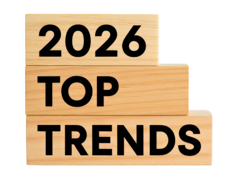 Wooden blocks stacked showing the words top trends and the year 2026