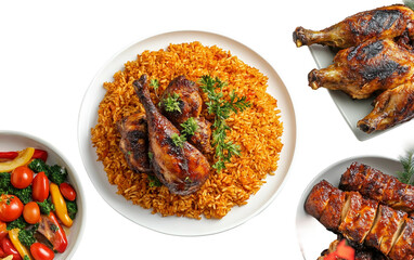 Nigerian Christmas feast with jollof rice grilled chicken and festive dishes celebrating family and culture isolated on white background PNG