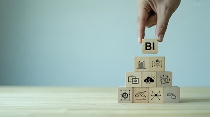 Hand stacking wooden blocks with business intelligence icons in a pyramid
