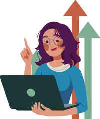 Woman with laptop pointing up with arrows in the background indicating growth and success concept
