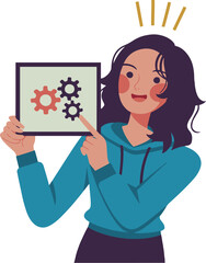 Woman in hoodie pointing at gears on a framed picture with lightbulb above her head illustration