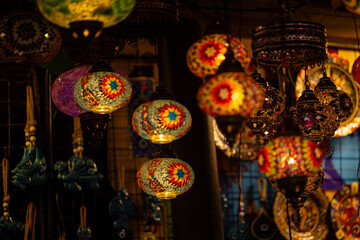 Turkey. Market with many traditional colorful handmade turkish lamps and lanterns. Lanterns hanging in shop for sale. Popular souvenirs from turkey.