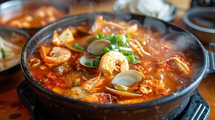 Close up of a spicy seafood stew with shrimp clams and tofu in a black pot on a wooden table