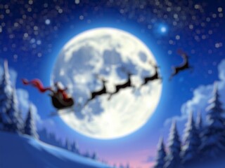 Blurred image of silhouette of a flying goth santa claus against the background of the christmas night sky.