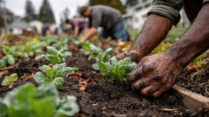 Close up of dirty hands planting small green seedlings into dark, fertile soil in an outdoor garden. People cultivate fresh produce together in a vibrant community setting.