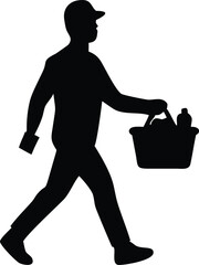 Courier Carrying Grocery Basket Flat Vector Icon Silhouette