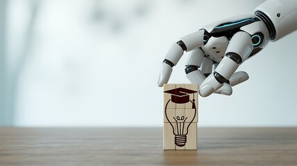 Robot hand builds blocks with graduation cap and lightbulb symbol
