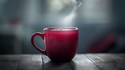 A steaming red mug sits on a wooden table with a blurred background creating a cozy atmosphere image