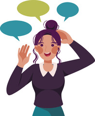 Woman with purple hair and speech bubbles expressing communication and thoughts on a light background