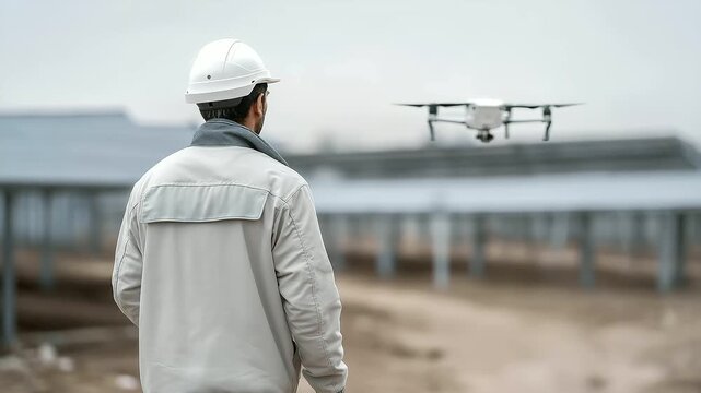 male engineer walking through solar field with AI drone hovering overhead muted buzz automation renewable technology cinematic color correction, gentle backlight, clean negative space, high quality