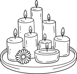 Black and white line drawing of eight lit candles with tealight and flower on tray, relaxing decorative illustration for meditation, ceremony, coloring page