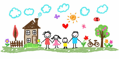 Charming childlike drawing of a happy family holding hands in front of their home on a sunny day