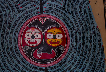 Hindu god jagannath idol made with wooden for worship at temple.