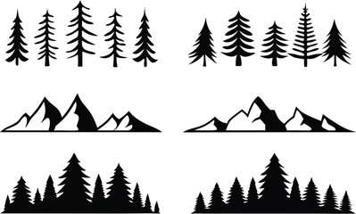 Set of Vector Mountain and Conifer Tree Silhouettes