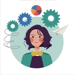Illustration of a woman with gears chart and paper airplane on a maroon and light blue background