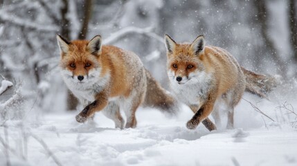 Obraz premium Two foxes in snowy forest