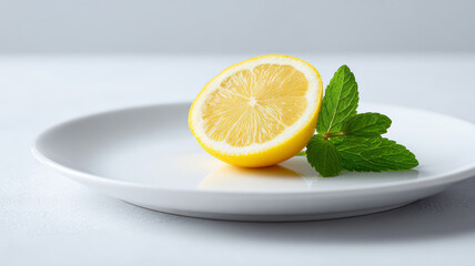 Fresh lemon half and vibrant green mint leaves bringing a feeling of natural zest and refreshing aroma on a clean white surface