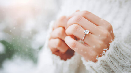 Close up of a woman's hand adorned with an engagement ring, showcasing love and dedication, set in a warm and peaceful winter atmosphere with snow gently falling in the background